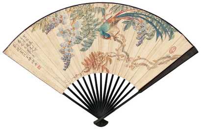 蔡铣 杏林女史 1943年作 紫藤鹦鹉 金文 成扇
